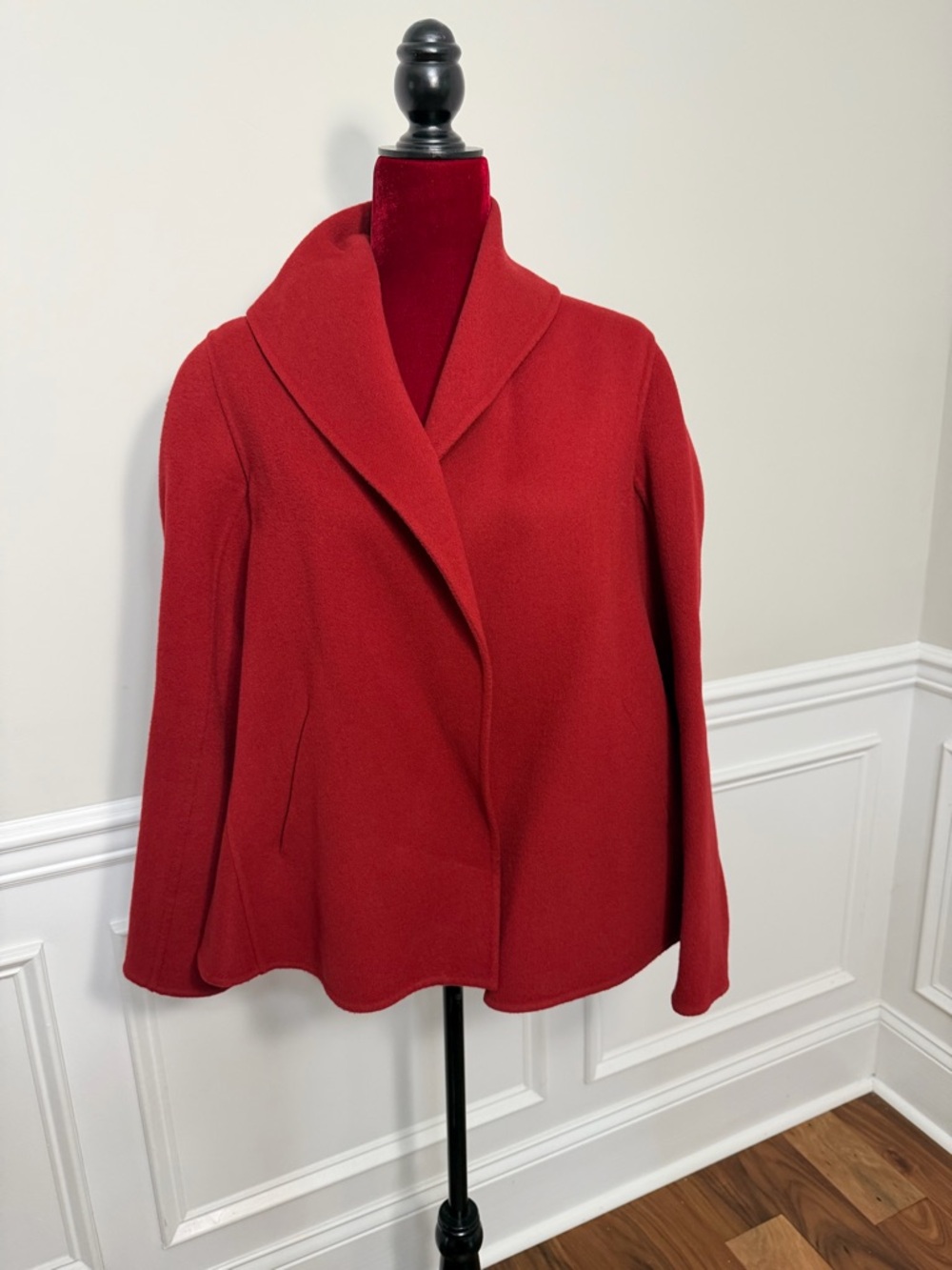 Anne Klein Red Wool Blend Cape Coat Jacket Shawl Collar‎ Swing Style Small